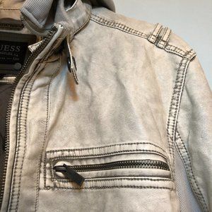 Guess Mens Hoodie Leather Jacket Grey Medium